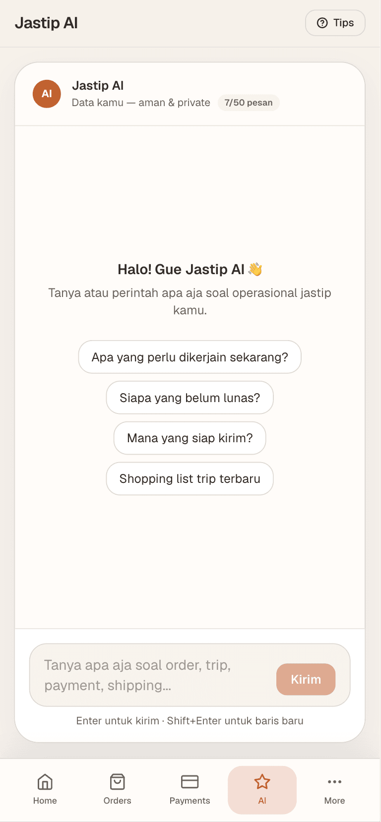 AI Agent Jastip AI di HP — tanya order, payment, atau shipping pakai bahasa Indonesia